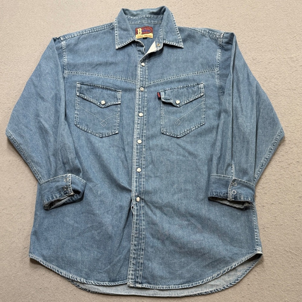 Vintage Baleno Western Shirt Men's L Blue Denim Pearl Snap Long Sleeve Workwear